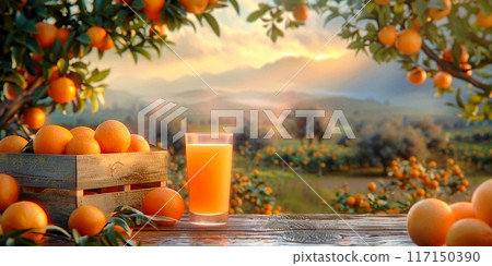 Orange fruit tree. Farm orchard background with citrus juice, tangerine mountain landscape. Garden plantation with plants, nature food. Table with orange mandarin box. Spain fresh agriculture banner 117150390