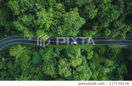 Top view of green forest road, green travel and transportation,Drone images of roads and green forests 117150538