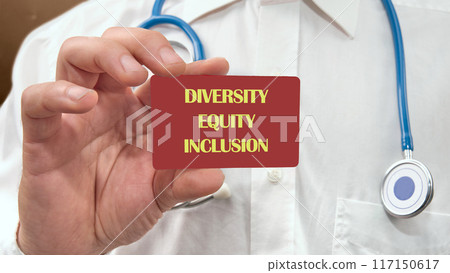 Diversity, equity, inclusion DEI symbol. Business, diversity, equity, inclusion concept. DIVERSITY EQUITY INCLUSION on a red business card, a card in a man's hand Diversity, equity, inclusion DEI symbol. Business, diversity, equity, inclusion concept. DIVERSITY EQUITY INCLUSION on a red business card, a card in a man's hand 117150617