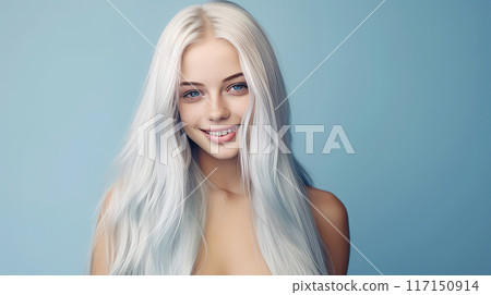 Portrait of a smiling cheerful blond teenage girl with long white hair and perfect skin, light blue background, banner. 117150914