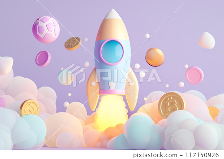 A pastel rocket bursts through clouds, surrounded by colorful coins 117150926