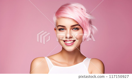 Portrait of a smiling cheerful blonde teenage girl with a short haircut and white hair, pink background, banner. 117150927