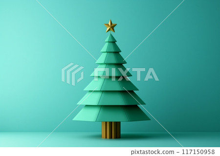 Sleek aqua Christmas tree with geometric design and star, clean setting 117150958