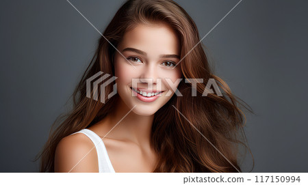 Portrait of a smiling cheerful teenage girl with perfect skin, gray background, banner. 117150994
