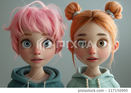 Two animated girls with pink hair, showcasing varied expressions in turquoise hoodies Two animated girls with pink hair, showcasing varied expressions in turquoise hoodies 117150995