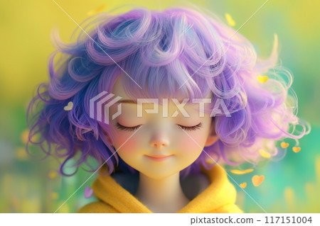 Dreamy character with vibrant purple hair and whimsical heart details 117151004