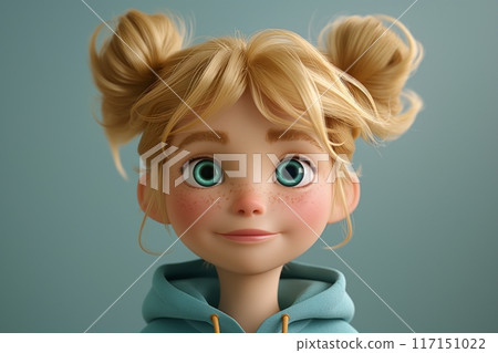 Cheerful cartoon girl with blonde pigtails and sparkling green eyes 117151022