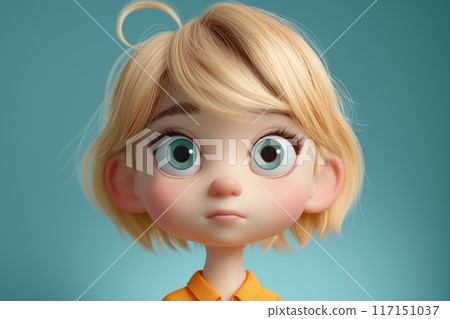 Young girl with blonde ponytail and big green eyes, dressed in an orange shirt 117151037