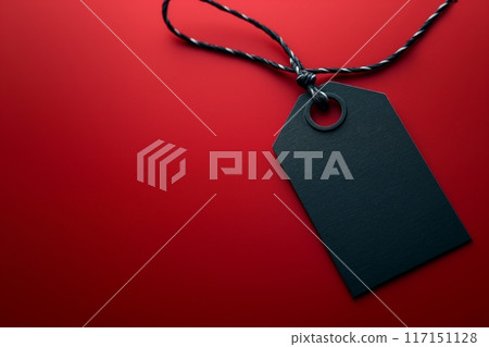 Minimalistic black tag on a vivid red background, featuring a sharp, modern design 117151128