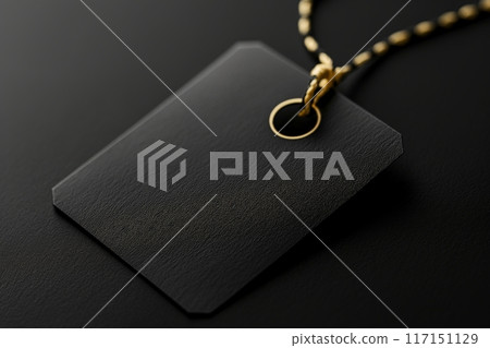 Elegant black tag with a matte finish and gold fastener on a dark, textured background 117151129