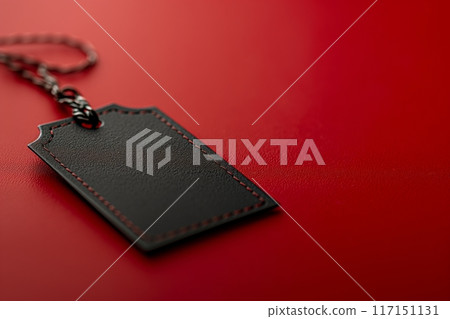 Stylish black leather tag with red stitching on a textured background, showcasing premium quality 117151131