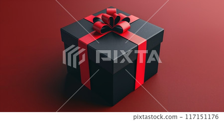 Elegant black gift box with a vibrant red ribbon on a red backdrop Elegant black gift box with a vibrant red ribbon on a red backdrop 117151176