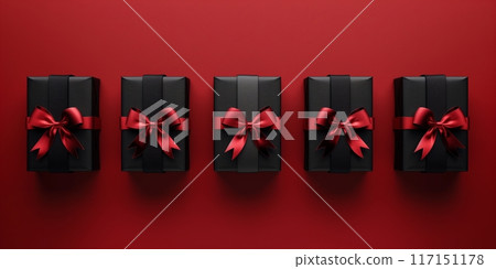 Lineup of black gifts with vibrant red ribbons on a red background 117151178