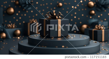 Central black gift box with gold ribbon, surrounded by floating golden spheres Central black gift box with gold ribbon, surrounded by floating golden spheres 117151183
