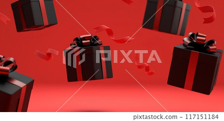 Floating black and red gift boxes with dynamic ribbons on a red background 117151184