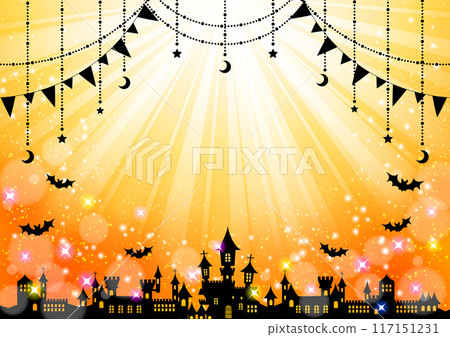 Halloween, glitter, silhouette, orange, focus line, cute, illustration, background, frame, horizontal 117151231