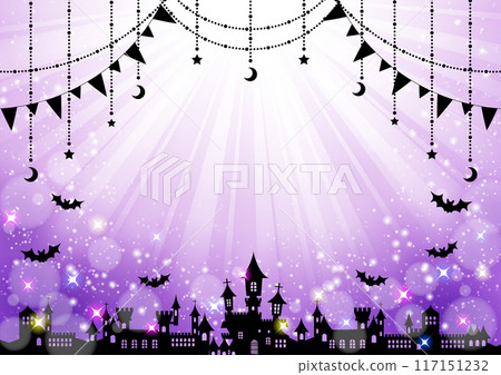 萬聖節，閃光，剪影，紫色，集中線，可愛，插圖，背景，框架，水平 117151232
