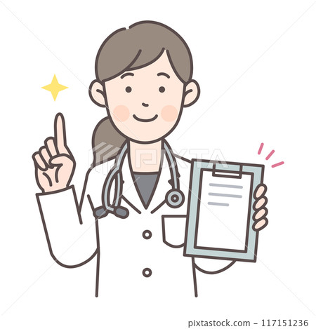 A female doctor explaining while showing a chart A female doctor explaining while showing a chart 117151236
