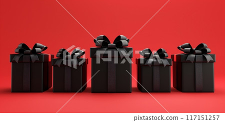 Uniform black gift boxes with red ribbons set against a deep red backdrop Uniform black gift boxes with red ribbons set against a deep red backdrop 117151257