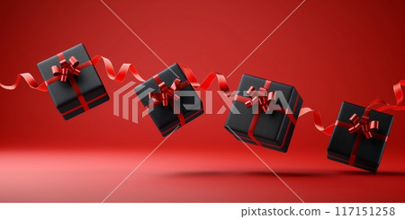 Multiple red gift boxes with ribbons in a dynamic floating arrangement 117151258