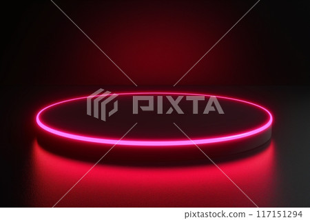 Sleek red neon arch forms a minimalist, Empty mockup product display Sleek red neon arch forms a minimalist, Empty mockup product display 117151294