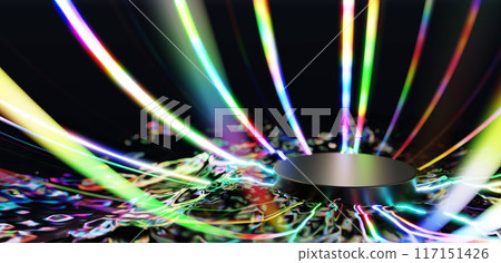 Radiating light on the water surface and a black pedestal. Colorful light. Copy space. 3D (horizontal) 117151426