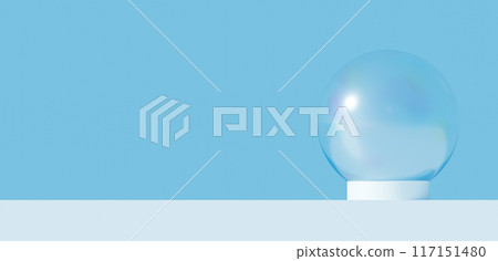 淺藍色背景上的白色圓柱形基座和肥皂泡。複製空間。 3D（水平） 117151480