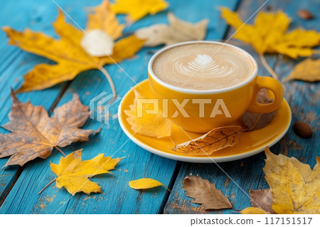 Bright yellow cup with intricate latte art, set against a blue wooden table strewn with fall leaves 117151517