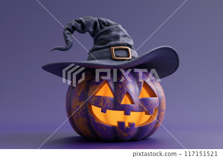 Rustic textured pumpkin under a blue witchs hat, casting a magical glow for a spooky Halloween Rustic textured pumpkin under a blue witchs hat, casting a magical glow for a spooky Halloween 117151521