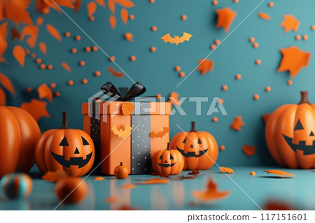 Blue background with Halloween pumpkins, gift, and scattered leaves 117151601