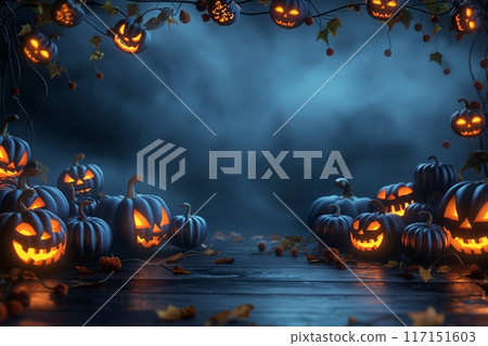 Mystical Halloween scene with glowing pumpkins under a stormy sky Mystical Halloween scene with glowing pumpkins under a stormy sky 117151603
