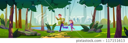 Scared children running from world in forest 117151613