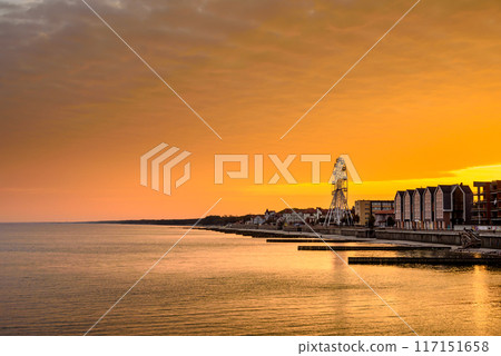 View of promenade of resort town of Zelenogradsk on the coast of Baltic sea at sunrise. Russia 117151658