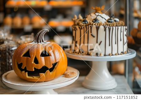 Festive pumpkin cake with white icing drips and spooky decorations on a white stand 117151852