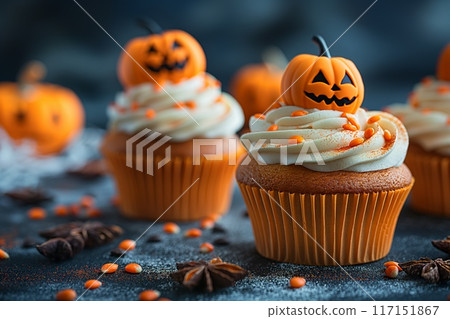 Orange frosted cupcakes with pumpkin decor for a Halloween party 117151867