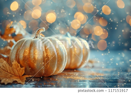 Glitter coated pumpkins among autumn leaves, set against a magical, glowing blue backdrop 117151917
