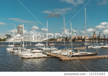View of Daugava river and old town of Riga, Latvia. 117151951