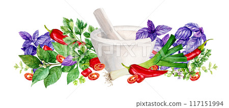Spicy herbs and white mortar. Watercolor illustration of kitchen herbs. Bay leaf, rosemary, tarragon, savory, basil, chili pepper, leek, rosemary - traditional ingredients of Mediterranean cuisine. 117151994