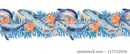 Humpback whales, dolphins, seaweed with starfish and shells. Watercolor illustration, hand drawn in blue and light blue colors. Seamless border, pattern isolated from background. 117152038