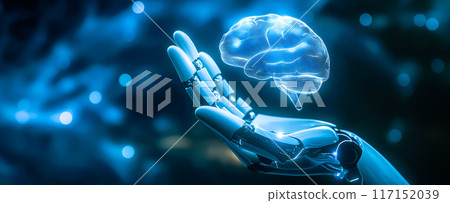 A robotic hand gently cradles a glowing brain with the shimmering neural network. The fusion of human intelligence with artificial intelligence. Generative AI. 117152039
