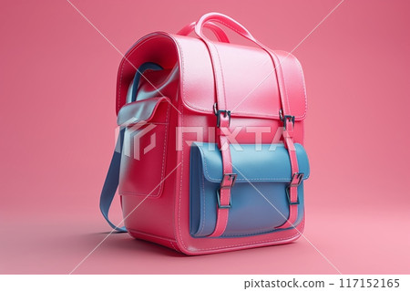 Fashionable pink and blue backpack with leather straps and buckles on pink 117152165