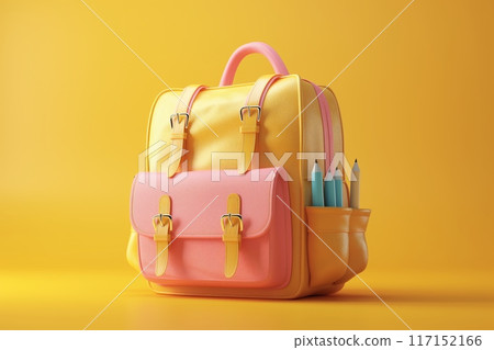 Yellow and pink backpack ideal for school, displayed on a matching yellow backdrop 117152166