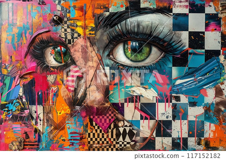 Vibrant, chaotic collage of an eye in a multicolored abstract painting 117152182