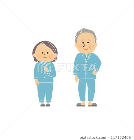 Cute illustration of a senior man and a senior woman wearing pajamas 117152406