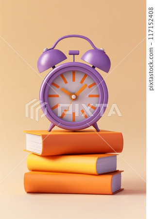 A purple alarm clock on a stack of orange books against a beige background. 117152408