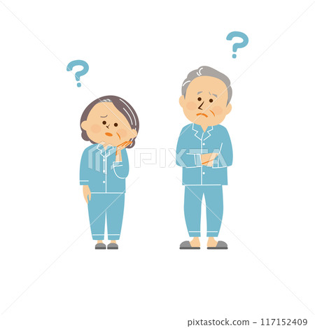 Cute illustration of a senior man and a senior woman wearing pajamas 117152409