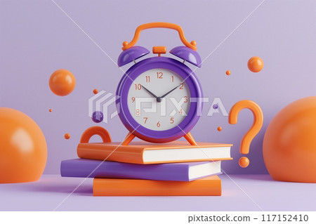 Violet alarm clock on orange books amidst floating spheres and question marks 117152410