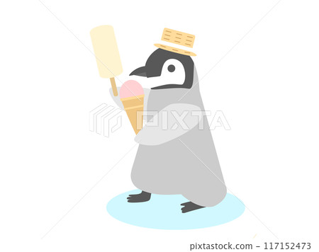 Illustration of a penguin wearing a straw hat and holding an ice cream 117152473