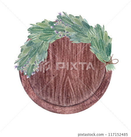 A bunch of Sage on a wooden tray watercolor illustration isolated on white. High quality hand painted art for cards, packages, oil infusions, folk medicine recipes, herbal guides, labels, logotype A bunch of Sage on a wooden tray watercolor illustration isolated on white. High quality hand painted art for cards, packages, oil infusions, folk medicine recipes, herbal guides, labels, logotype 117152485