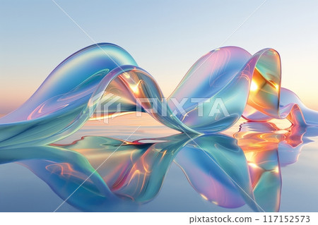 Transparent iridescent waves at sunset, reflecting pastel gradients on a tranquil ocean surface Transparent iridescent waves at sunset, reflecting pastel gradients on a tranquil ocean surface 117152573